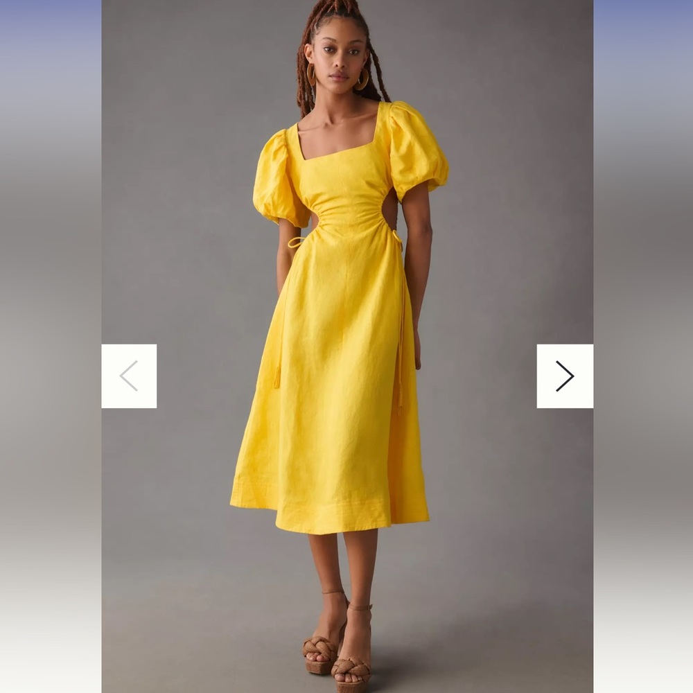 Farm Rio Puff-Sleeve Cutout Linen Dress
